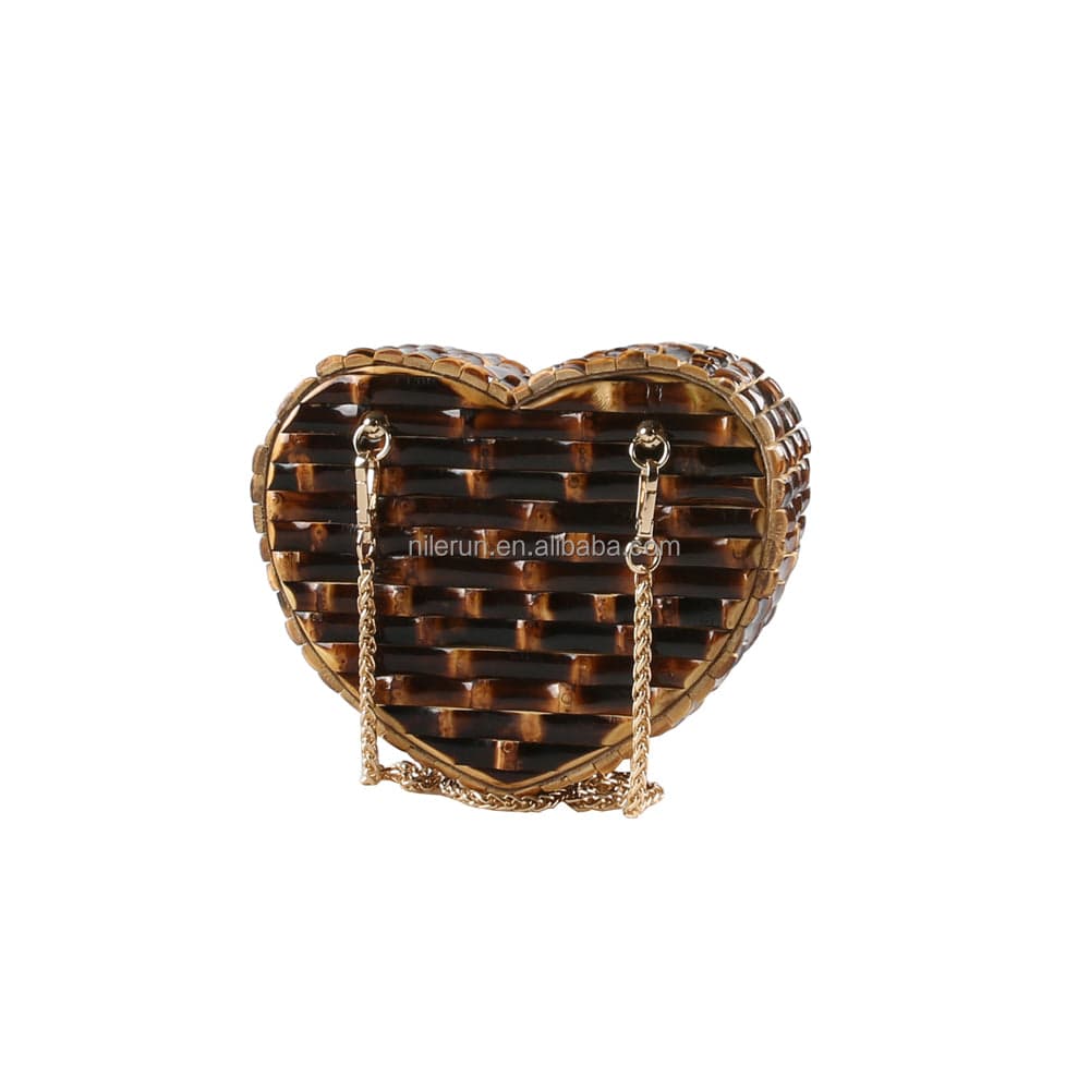 Nilerun Wood Rattan Straw Latest New Fashion Unique Handmade Cute Heart Shape Natural Bamboo Root Shoulder Bag Purse Handbag