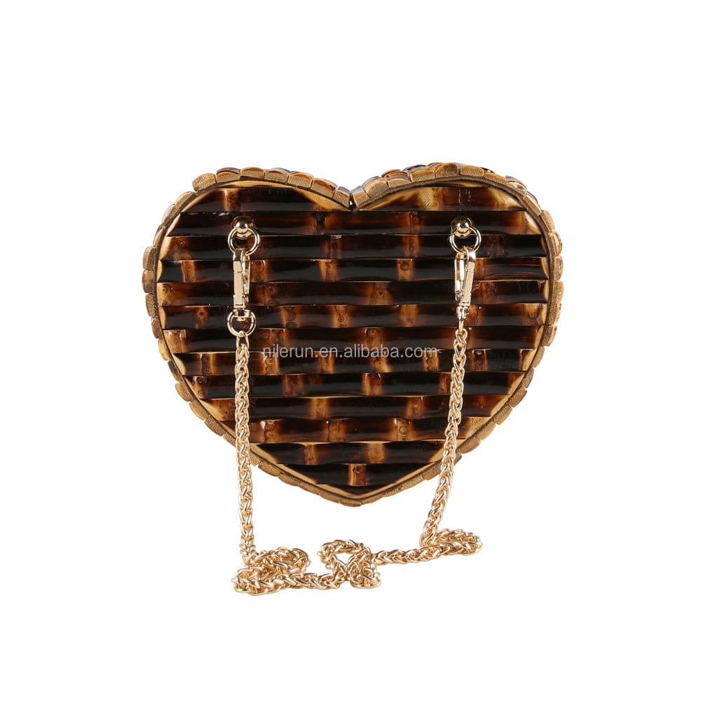 Nilerun Wood Rattan Straw Latest New Fashion Unique Handmade Cute Heart Shape Natural Bamboo Root Shoulder Bag Purse Handbag