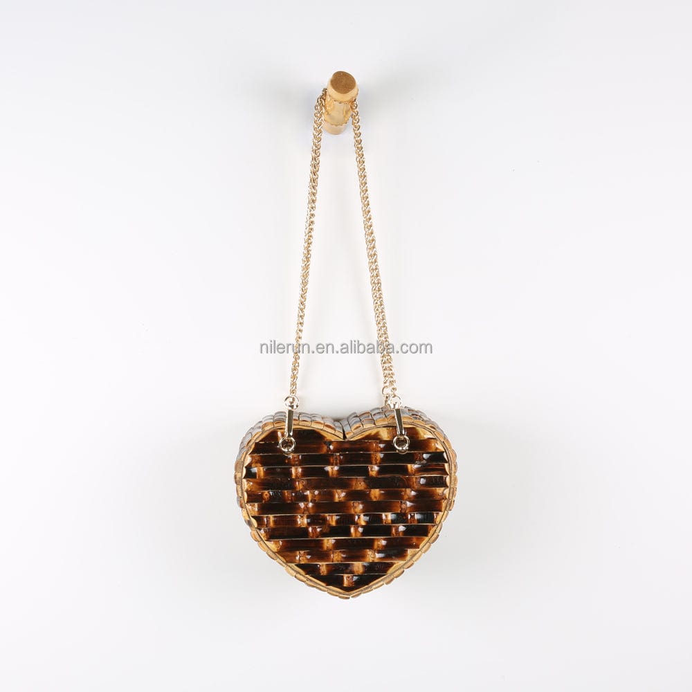 Nilerun Wood Rattan Straw Latest New Fashion Unique Handmade Cute Heart Shape Natural Bamboo Root Shoulder Bag Purse Handbag