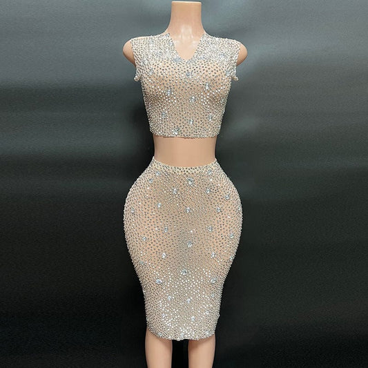 NOCANCE 2023 new product sleeveless dazzling rhinestones short party dresses women two piece set with bling bling diamonds