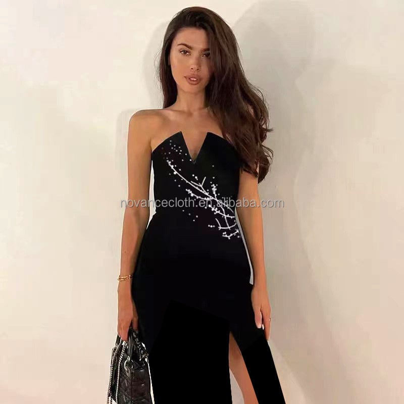 NOCANCE B3270 2023 new product tube top black diamonds party club dress high slit ladies dress for evening party