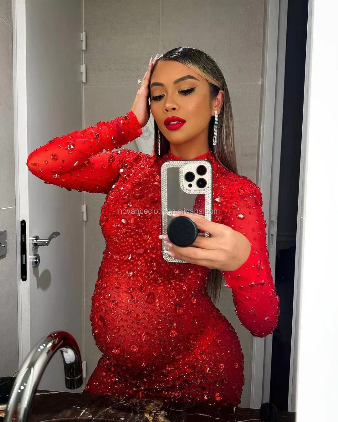 NOCANCE dropshipping products 2023 red crystals shiny sexy high slit luxury party dress pregnant dresses women for feast