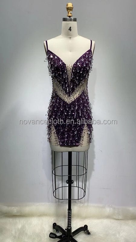 NOCANCE F3143 trendy products shiny crystals deep V neck mini purple dresses prom dresses for club bar party red carpet