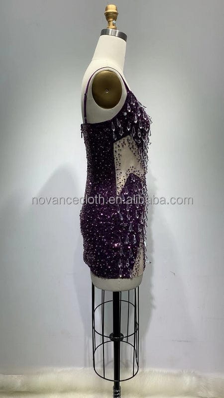 NOCANCE F3143 trendy products shiny crystals deep V neck mini purple dresses prom dresses for club bar party red carpet