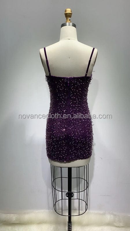 NOCANCE F3143 trendy products shiny crystals deep V neck mini purple dresses prom dresses for club bar party red carpet