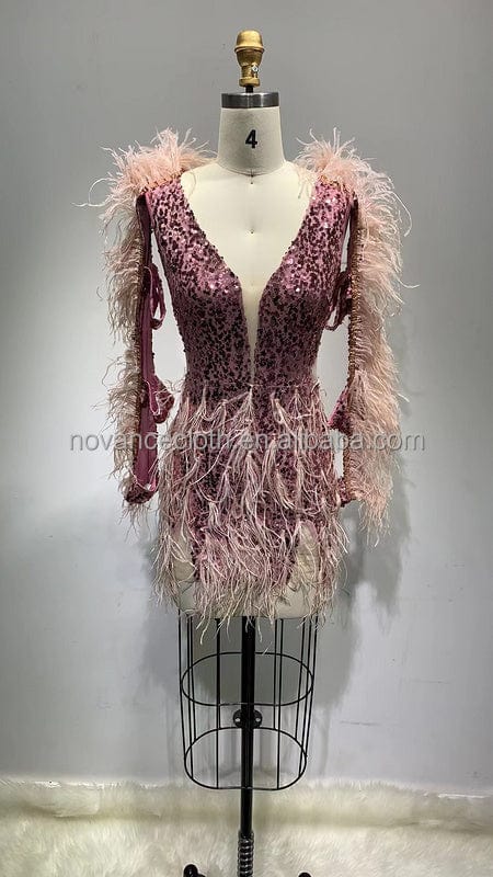 NOCANCE F3153 trendy women dresses 2022 Deep V neck pink ostrich feather dress party dress for club party red carpet