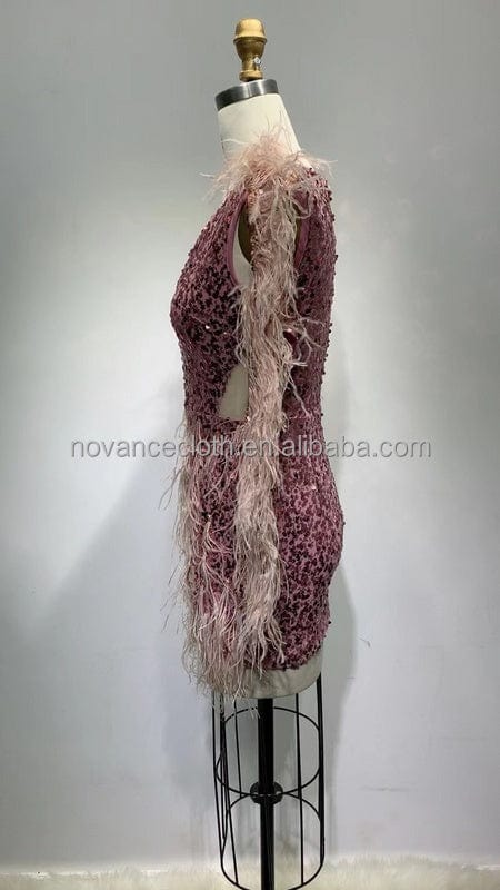 NOCANCE F3153 trendy women dresses 2022 Deep V neck pink ostrich feather dress party dress for club party red carpet