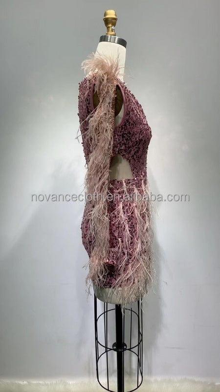 NOCANCE F3153 trendy women dresses 2022 Deep V neck pink ostrich feather dress party dress for club party red carpet