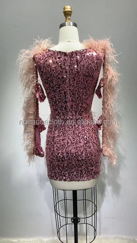 NOCANCE F3153 trendy women dresses 2022 Deep V neck pink ostrich feather dress party dress for club party red carpet