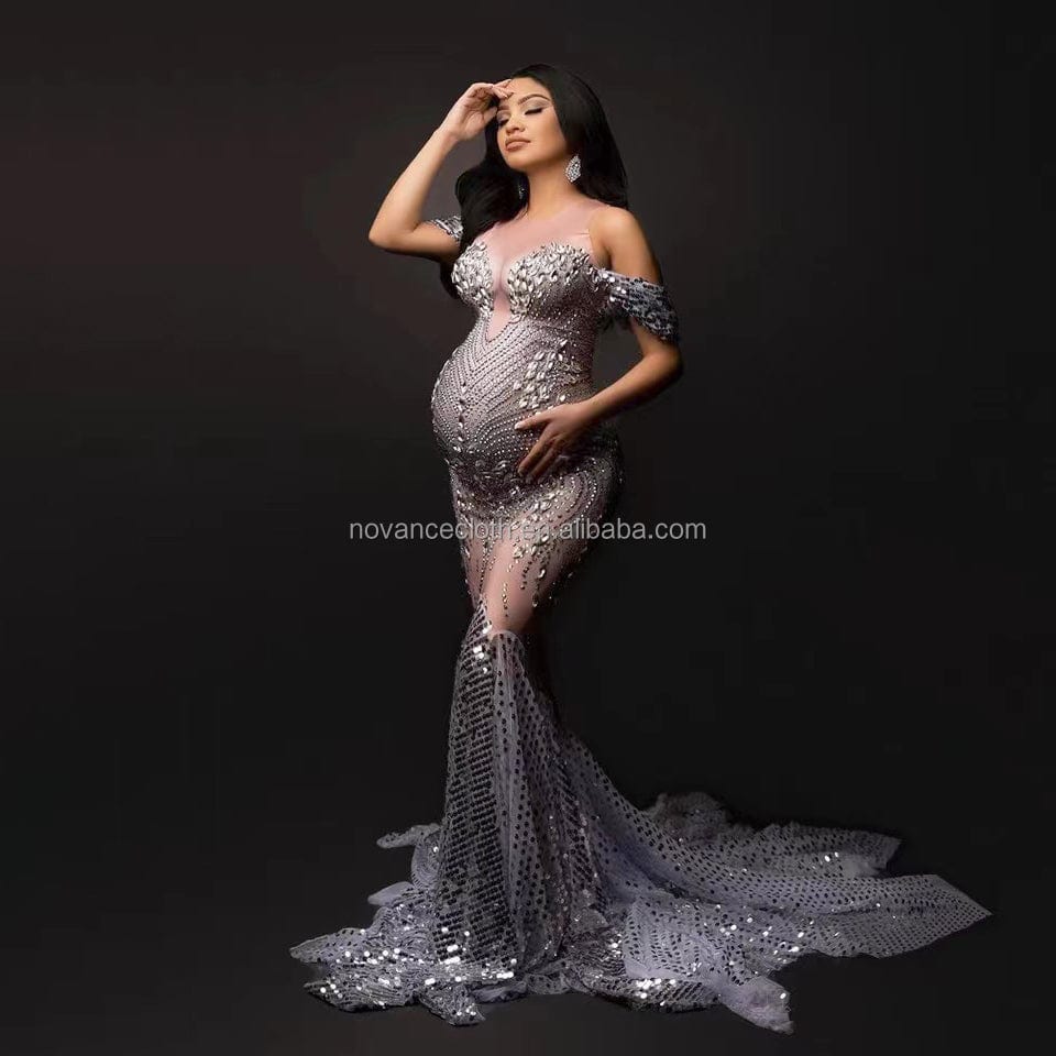 NOCANCE Y1655 2023 new arrivals elegant shiny rhinestones off shoulder sexy maternity shoot dress sequin fishtail robe de soiree