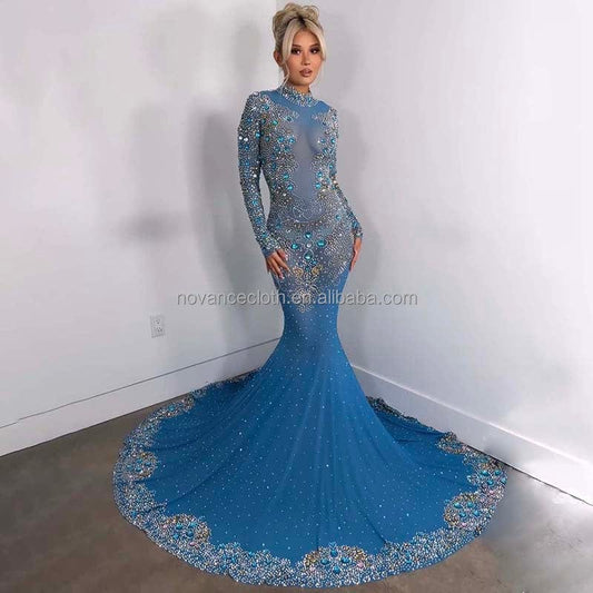 Nocance Y1752-Bb Custom Logo Women Body Dress Crystal Diamond Shinny Maxi Dress Blue Party Robe De Mariage Mode 2022