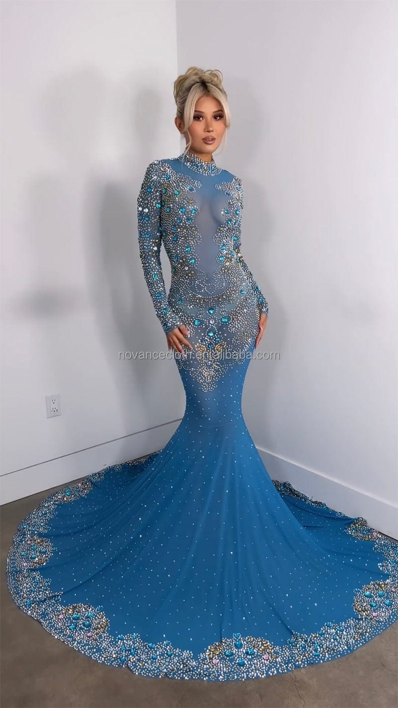 Nocance Y1752-Bb Custom Logo Women Body Dress Crystal Diamond Shinny Maxi Dress Blue Party Robe De Mariage Mode 2022