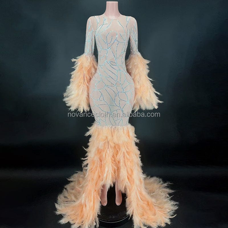 NOCANCE Y2682 happy new year 2023 shiny diamonds orange feathers elegant evening gown cocktail dresses for prom party