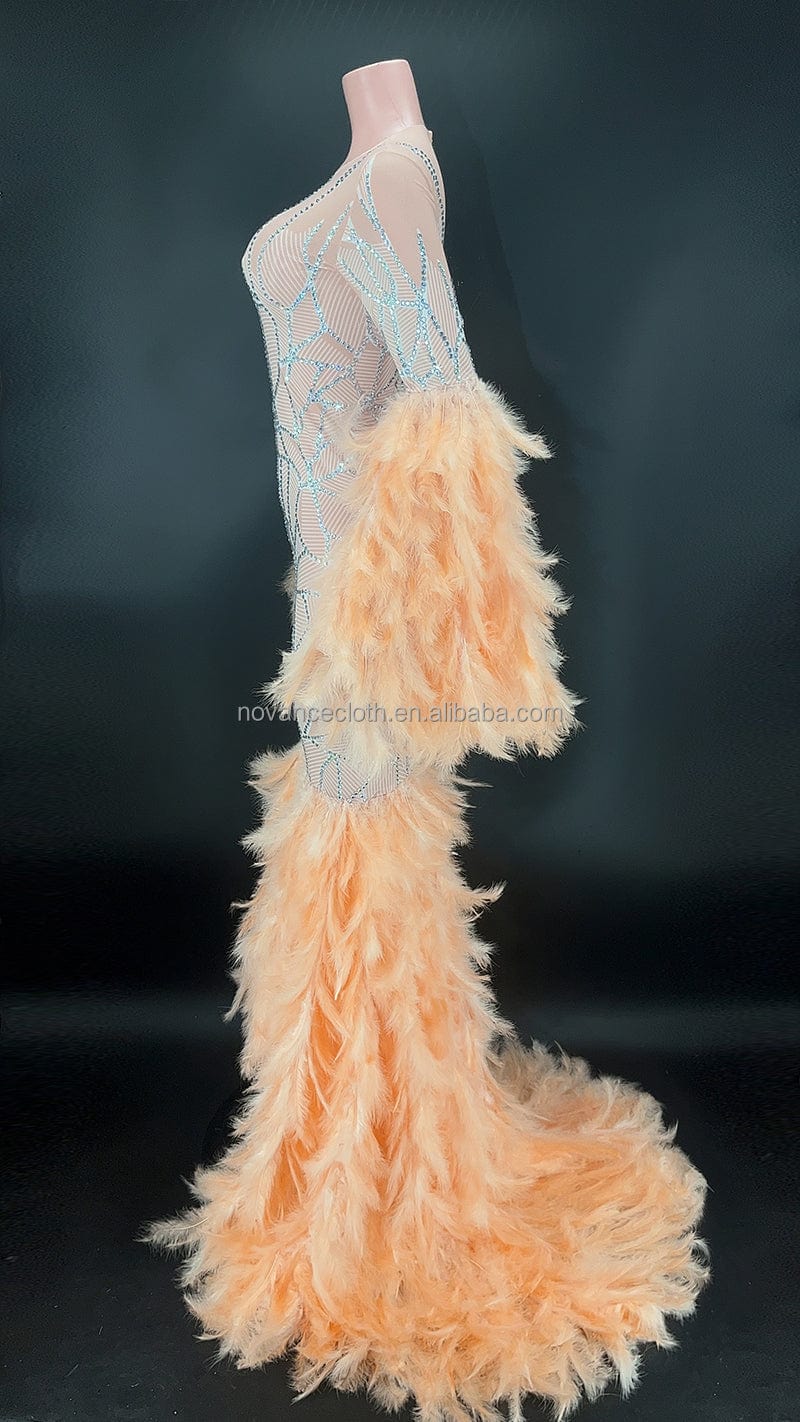 NOCANCE Y2682 happy new year 2023 shiny diamonds orange feathers elegant evening gown cocktail dresses for prom party