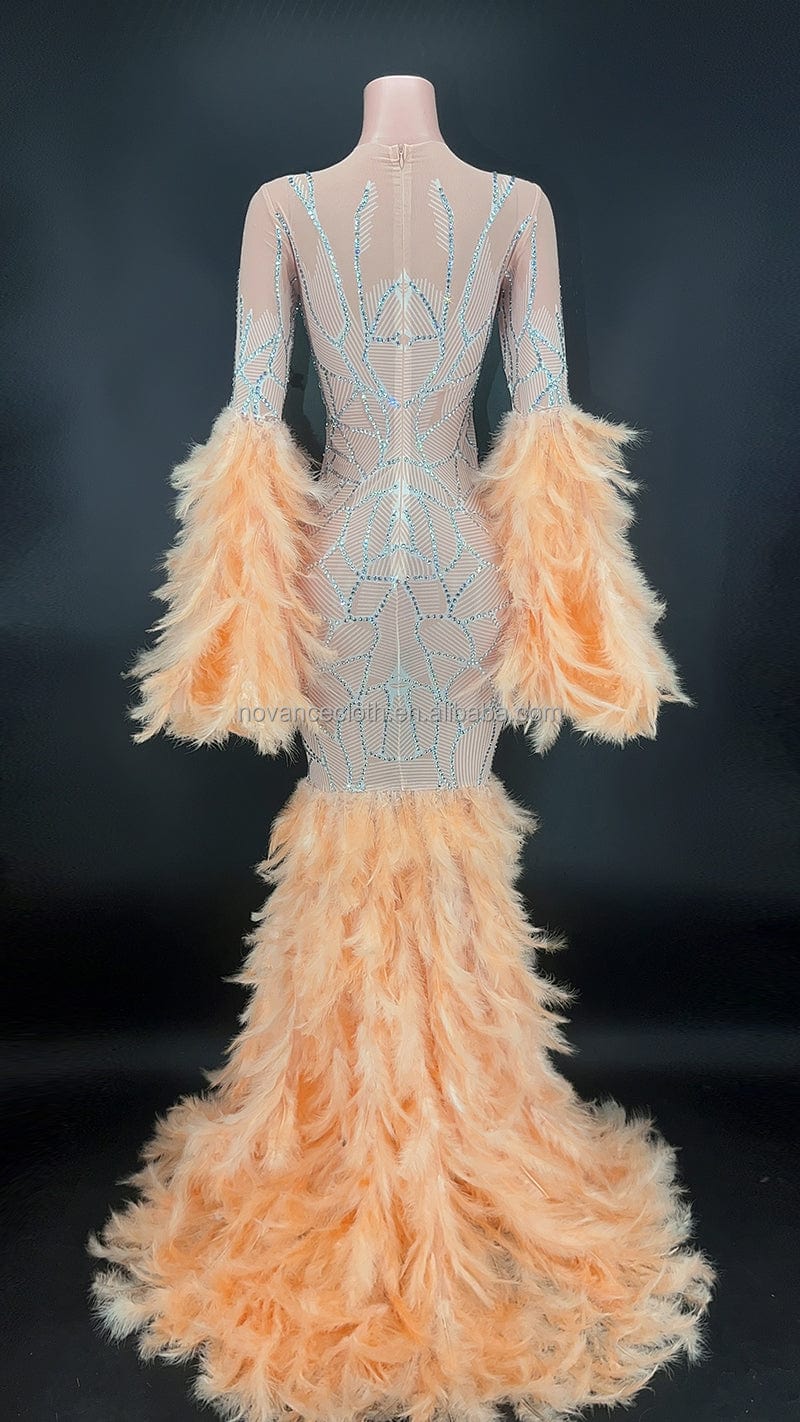 NOCANCE Y2682 happy new year 2023 shiny diamonds orange feathers elegant evening gown cocktail dresses for prom party