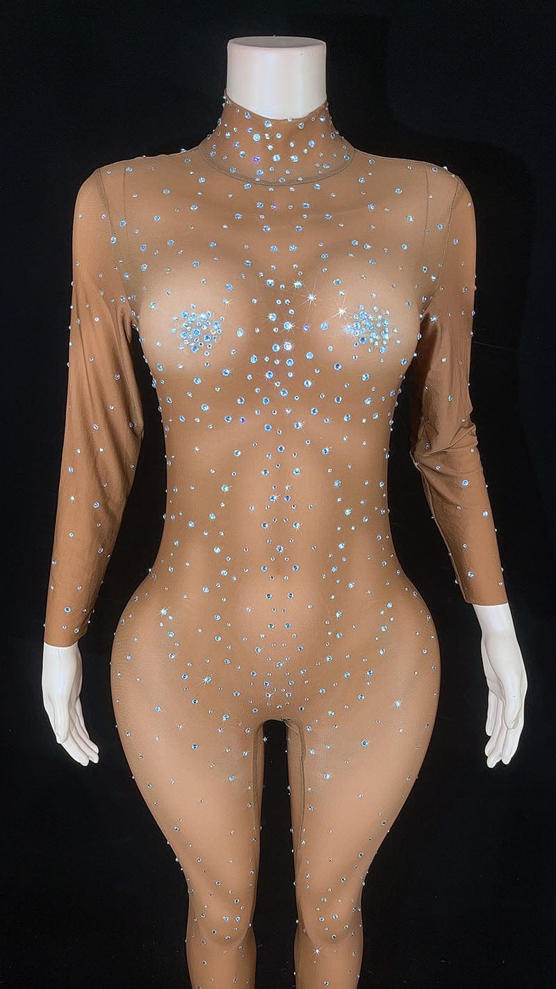 NOVANCE 2023 new product shiny diamonds full length brown spandex romper sexy hot bodycon jumpsuits for nightclub bar party