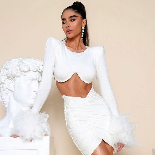 NOVANCE best selling product 2024 feather cuff two pcs set white dress sexy short dinner dress for evening party cocktail club