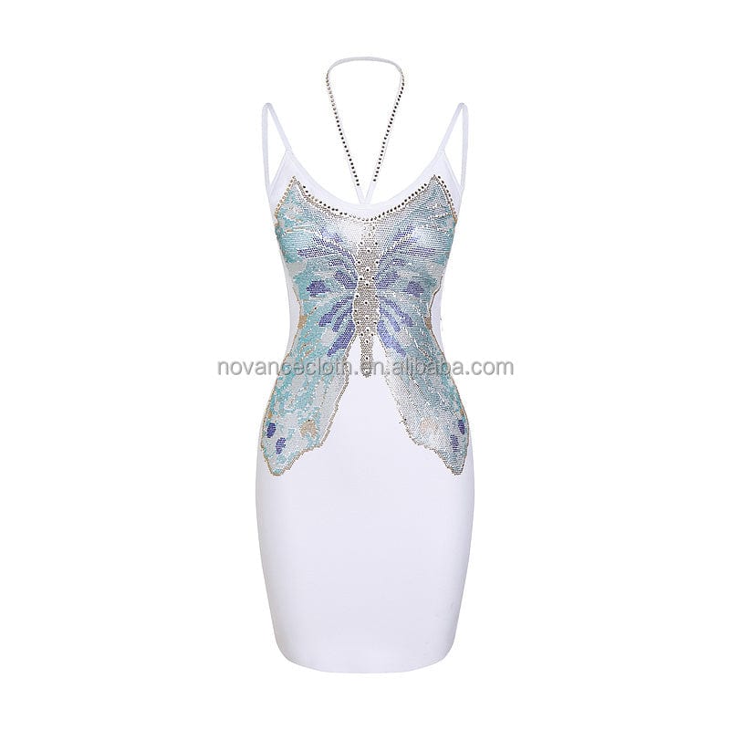 Novance Evening Dresses 2022 Midi Butterfly Shiny Rhinestone Evening Dresses Italy Sexy White Spaghetti Straps Wedding Dresses