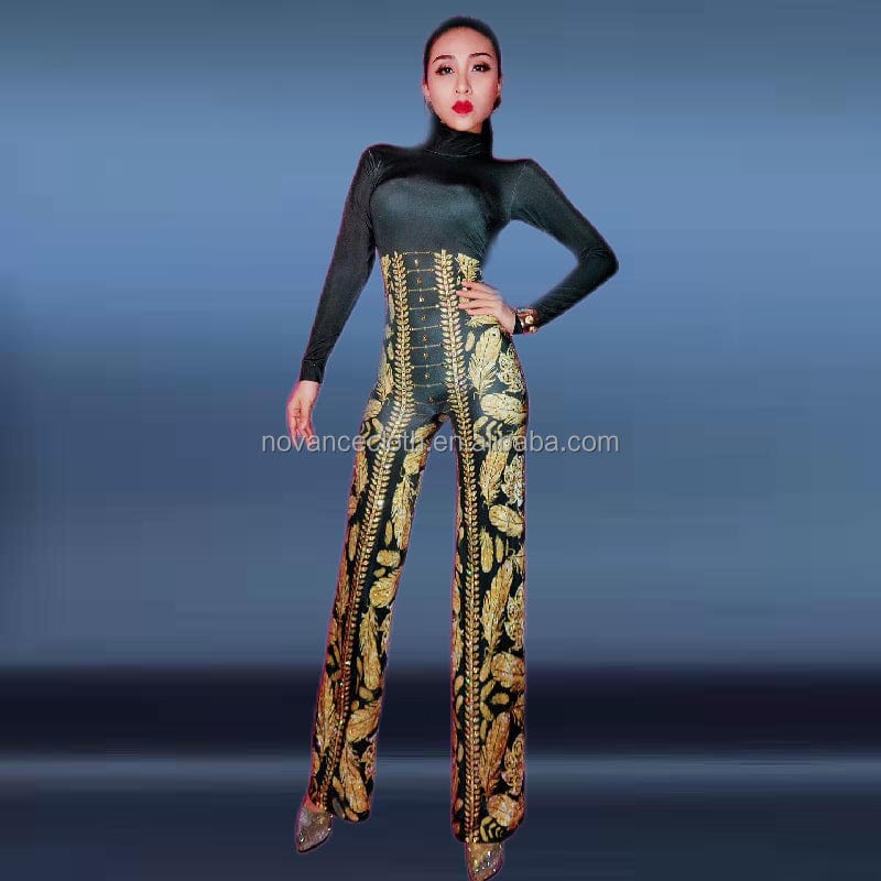 Novance Y1401 Best Sellers Amazon 2022 Golden Diamond Leaf Pattern One Piece Black Sexy Jumpsuit  Wide Leg Pants Women Elegant