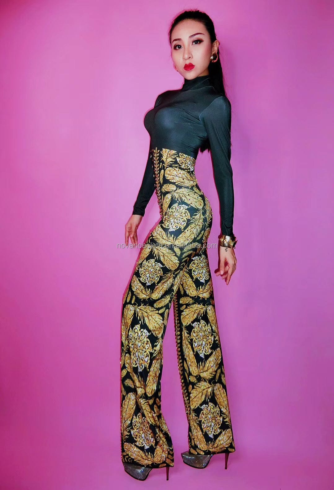 Novance Y1401 Best Sellers Amazon 2022 Golden Diamond Leaf Pattern One Piece Black Sexy Jumpsuit  Wide Leg Pants Women Elegant