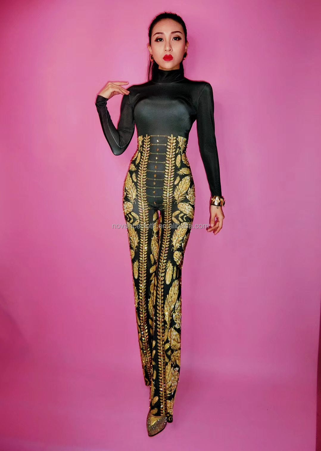 Novance Y1401 Best Sellers Amazon 2022 Golden Diamond Leaf Pattern One Piece Black Sexy Jumpsuit  Wide Leg Pants Women Elegant