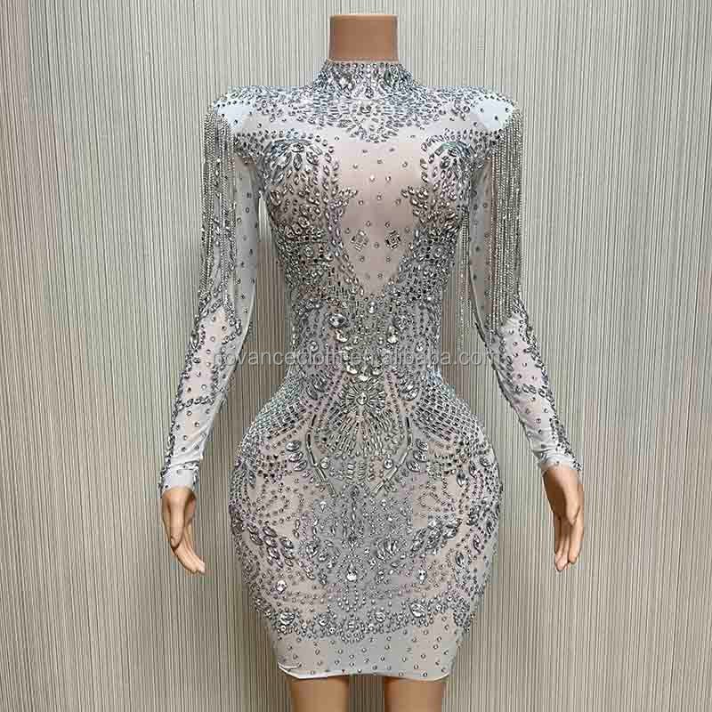 NOVANCE Y1729-A new 2023 arrivals high neck white mesh shiny tassels crystal dress elegant sparking diamonds gown evening party