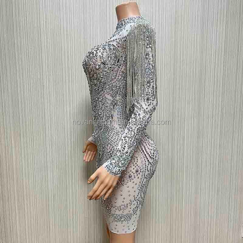 NOVANCE Y1729-A new 2023 arrivals high neck white mesh shiny tassels crystal dress elegant sparking diamonds gown evening party