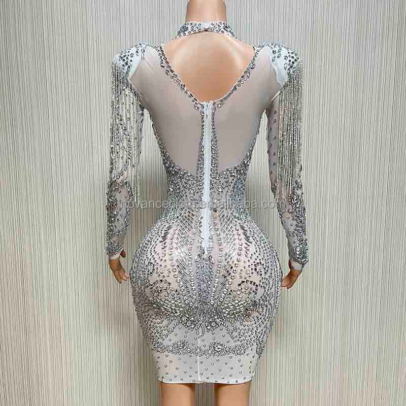 NOVANCE Y1729-A new 2023 arrivals high neck white mesh shiny tassels crystal dress elegant sparking diamonds gown evening party