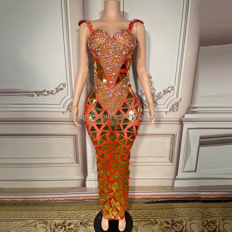 NOVANCE Y1800-G lady dress 2022 party shiny golden sequins crystals pageant gown orange stretchy mesh dress with sequins