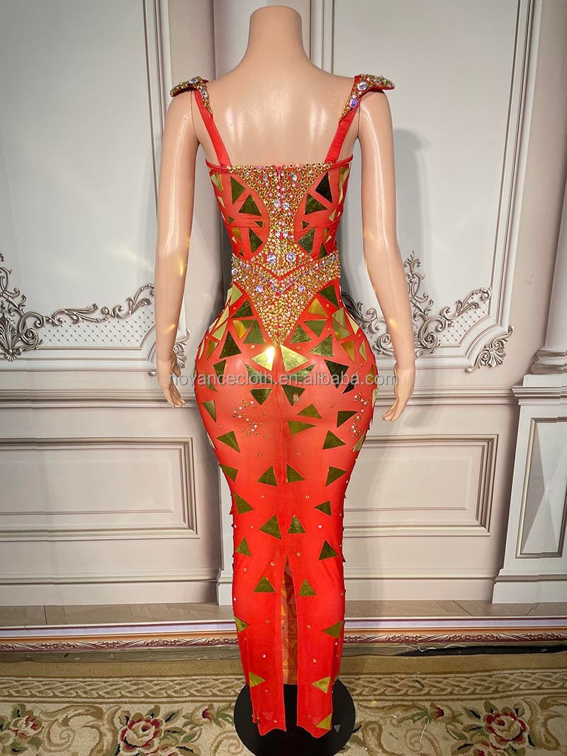 NOVANCE Y1800-G lady dress 2022 party shiny golden sequins crystals pageant gown orange stretchy mesh dress with sequins