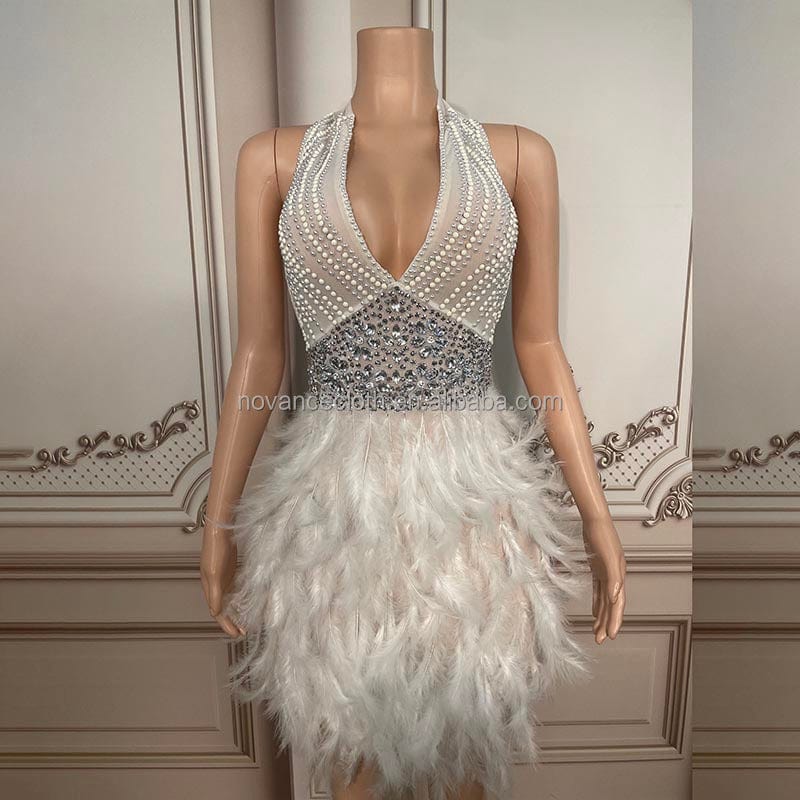 NOVANCE Y2072-C women clothing 2023 sexy backless deep V neck bling rhinestones skirt white feathers prom dress short women