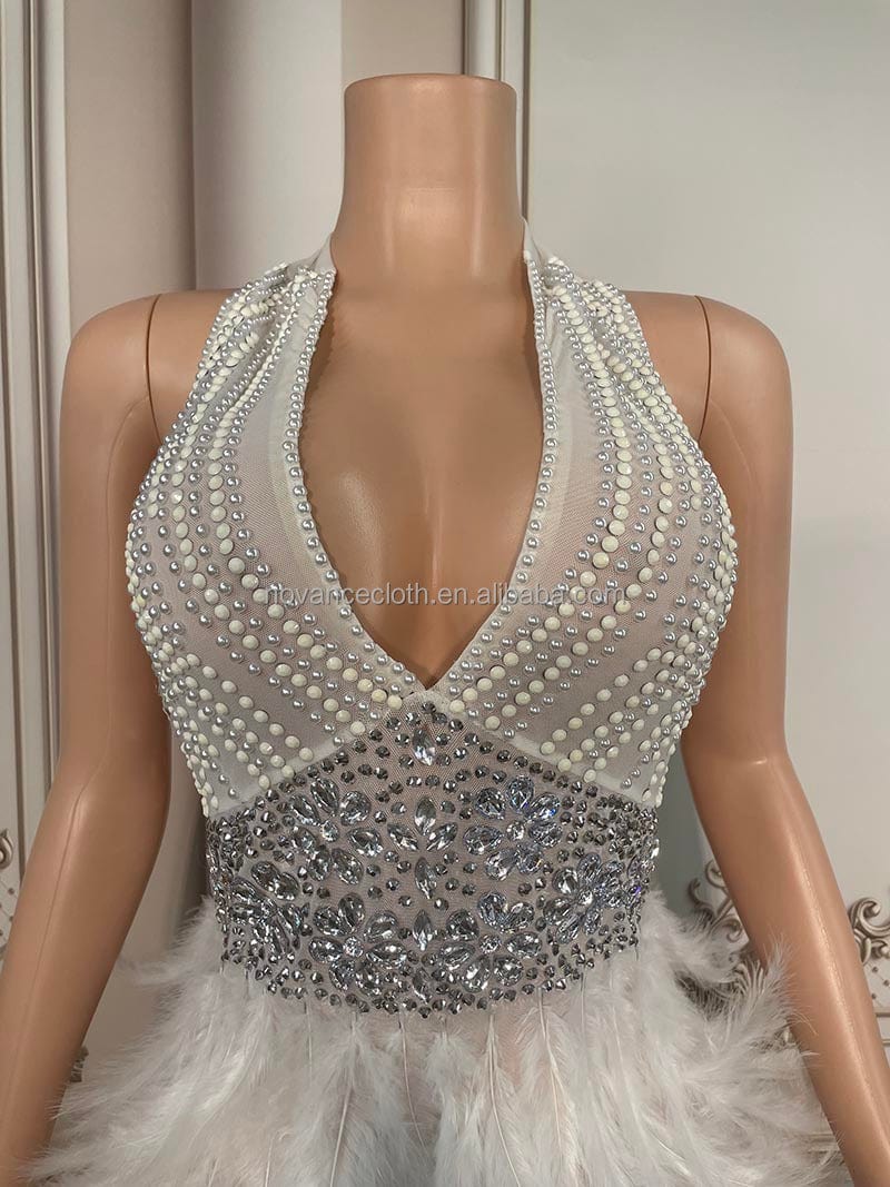 NOVANCE Y2072-C women clothing 2023 sexy backless deep V neck bling rhinestones skirt white feathers prom dress short women