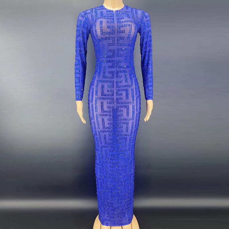 NOVANCE Y2256-B Dropship Manufacturers Blue Sheer Sparkling Diamond Long Sleeve Loose Women Evening Dress Plus Sise Sexy