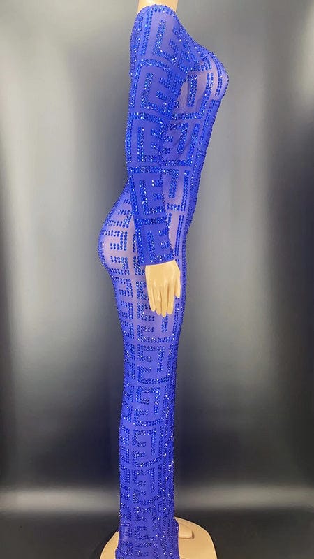 NOVANCE Y2256-B Dropship Manufacturers Blue Sheer Sparkling Diamond Long Sleeve Loose Women Evening Dress Plus Sise Sexy