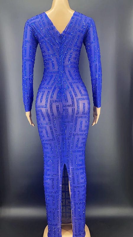 NOVANCE Y2256-B Dropship Manufacturers Blue Sheer Sparkling Diamond Long Sleeve Loose Women Evening Dress Plus Sise Sexy