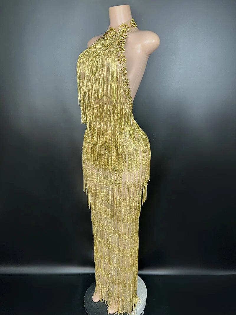 Novance Y2336 trending products 2024 new arrivals women gold luxury long gown evening dress gold high neck tassel  dress women