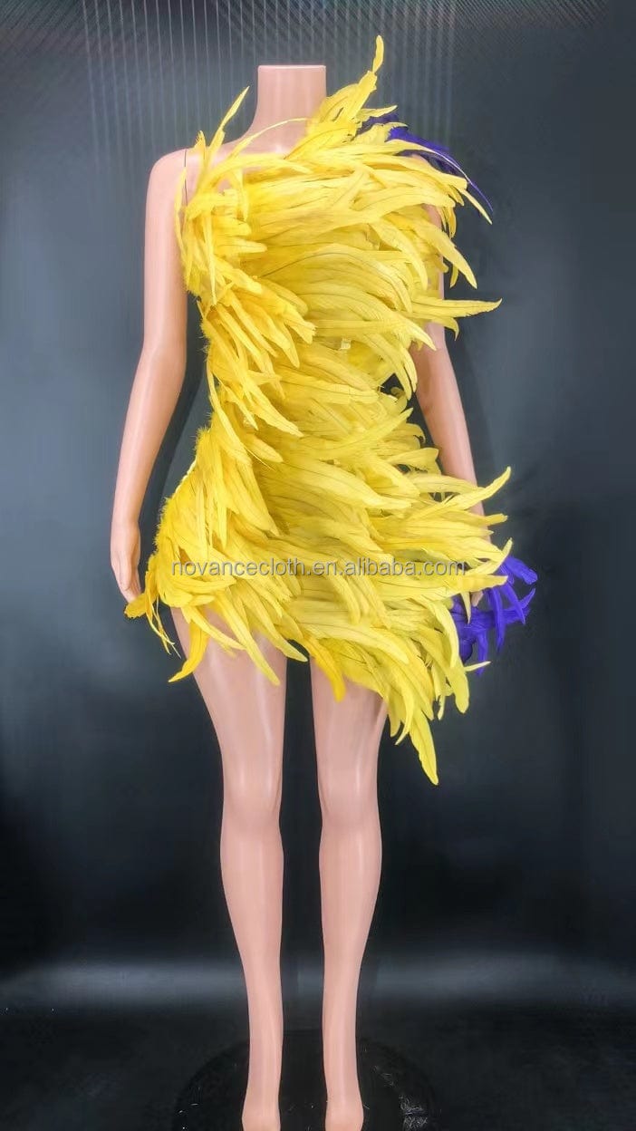 Novance Y2538 Womens Fall Clothing Shinny Diamond Tassel Chain Bodycon Mini Dress Yellow Feather Dress Ropa Casual Mujer 2022