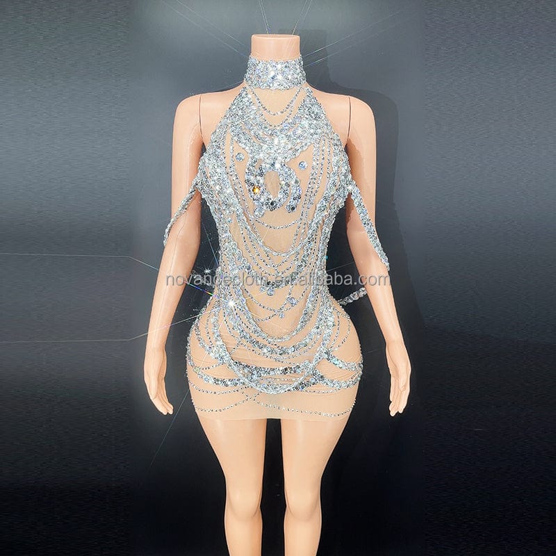 Novance Y2653 Hot Items 2022 New Years Products Sexy Hollow Out Shiny Crystals Black Ball Dresses Prom Evening Mini Dresses