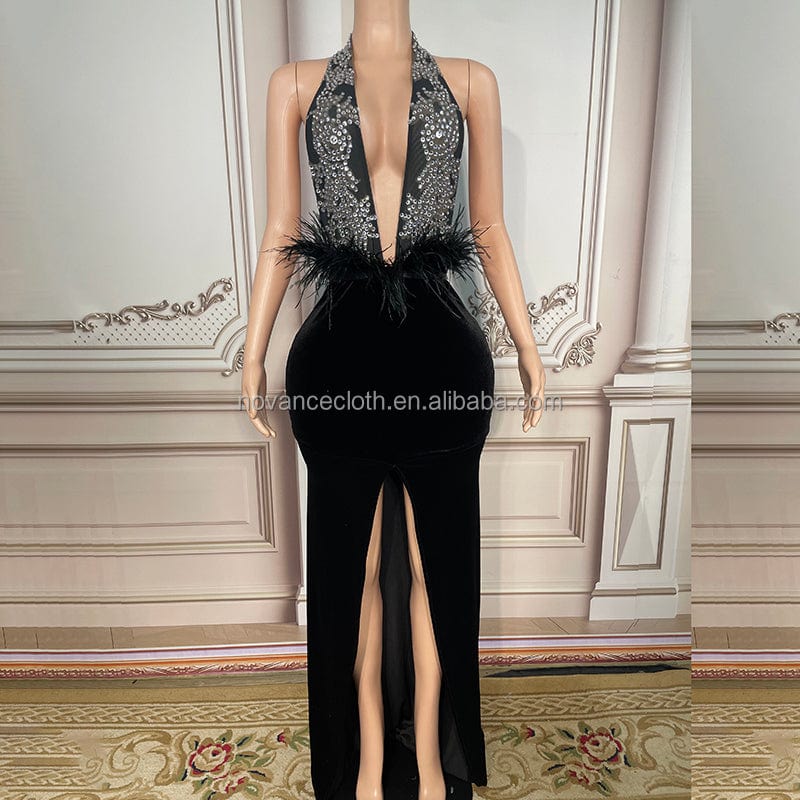 Novance Y2655 Products Best Selling Sparkly Black Diamond Deep V Mesh Birthday Dress Long Dress Going Out Women Robe Pour Femme