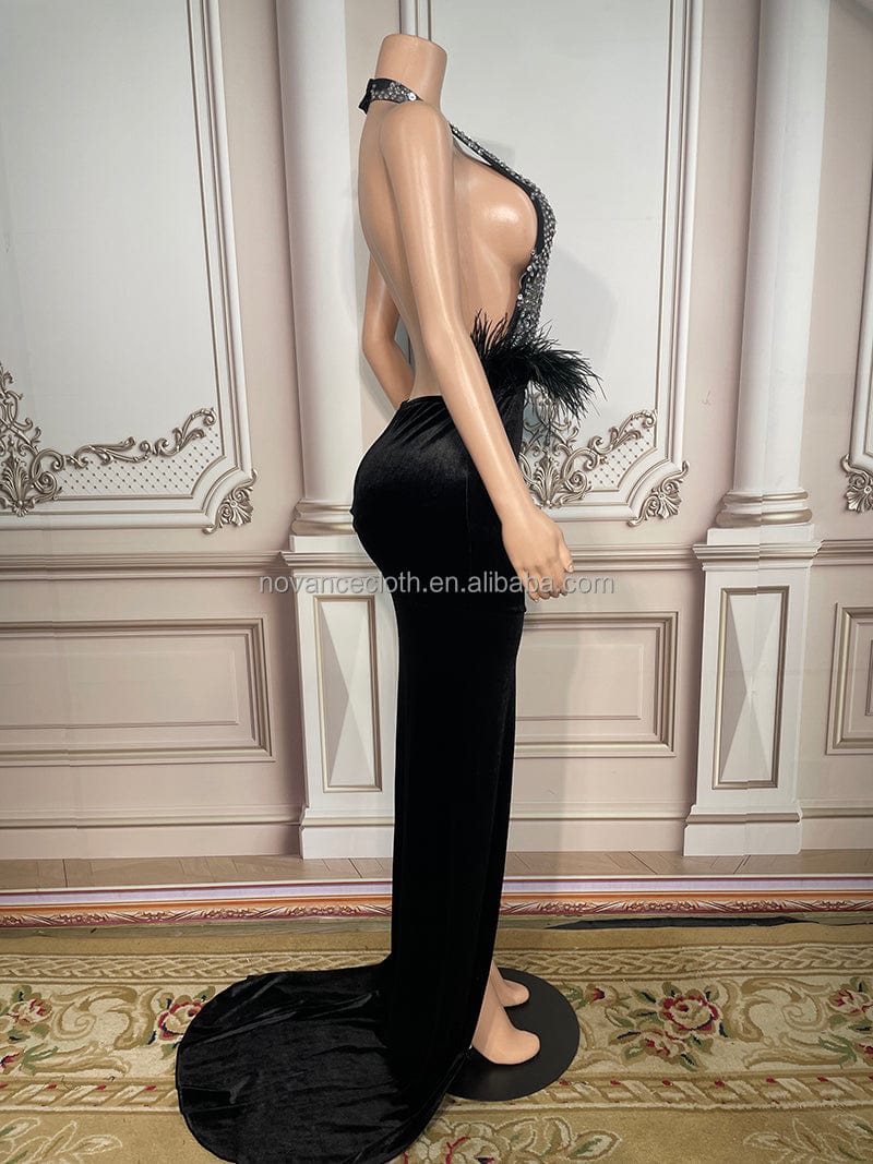 Novance Y2655 Products Best Selling Sparkly Black Diamond Deep V Mesh Birthday Dress Long Dress Going Out Women Robe Pour Femme