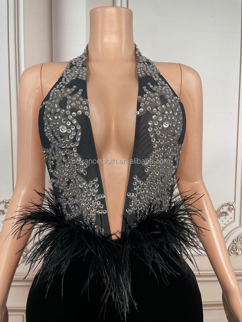 Novance Y2655 Products Best Selling Sparkly Black Diamond Deep V Mesh Birthday Dress Long Dress Going Out Women Robe Pour Femme