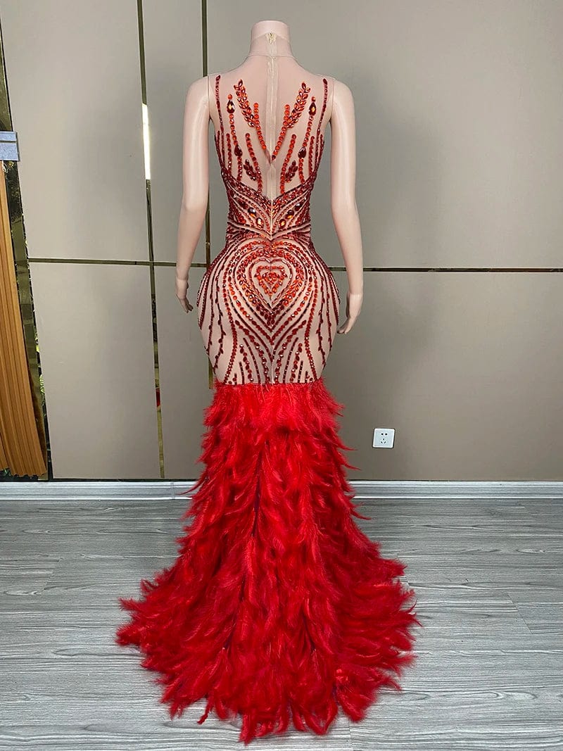 Novance Y3586 trending clothes 2024 new arrivals cocktail prom evening dresses red feather trim dress long sleeve high neck