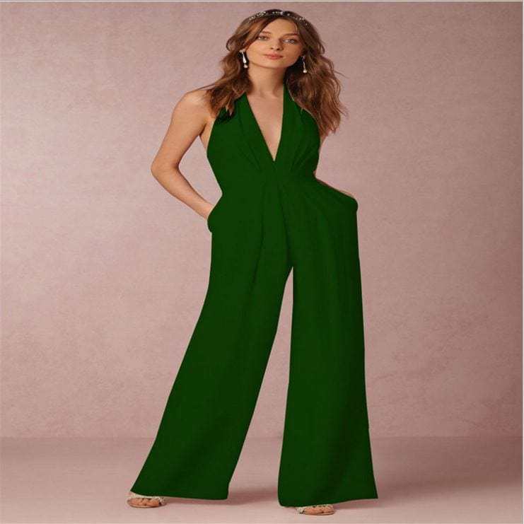 OCS Cotton Olive Green Wide Leg Jumpsuit For Women High Waist Elegant Deep V Neck Backless Sleeveless Halter Jumpsuits