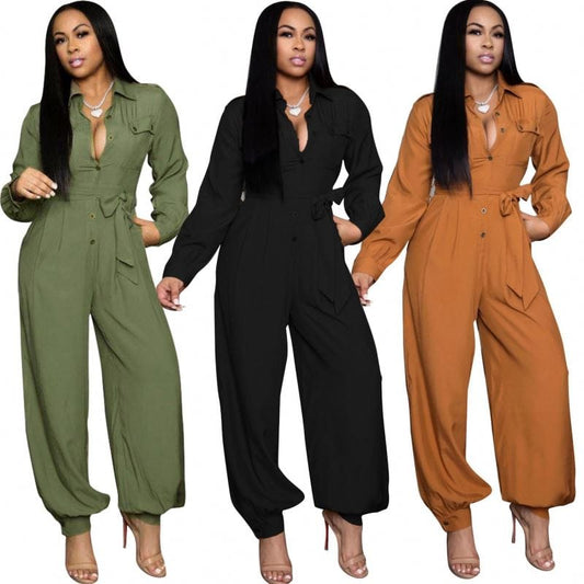 OCS  Fall 2022 Women Clothes Loose Tie High Waisted Jumpsuit Long Sleeve Olive Green Jumpsuit For Women With Buttons