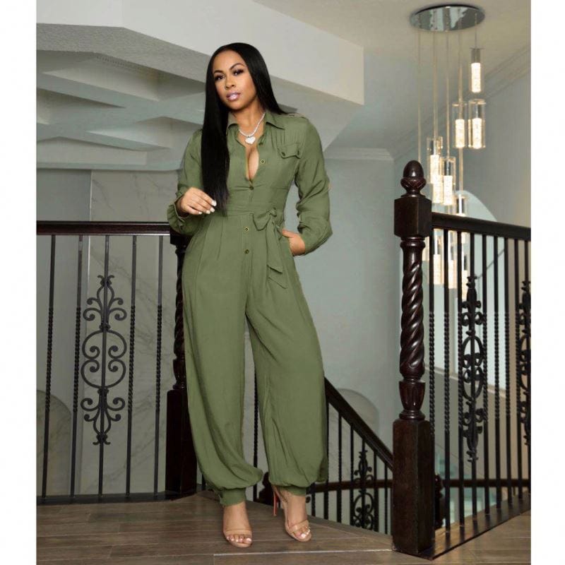 OCS  Fall 2022 Women Clothes Loose Tie High Waisted Jumpsuit Long Sleeve Olive Green Jumpsuit For Women With Buttons