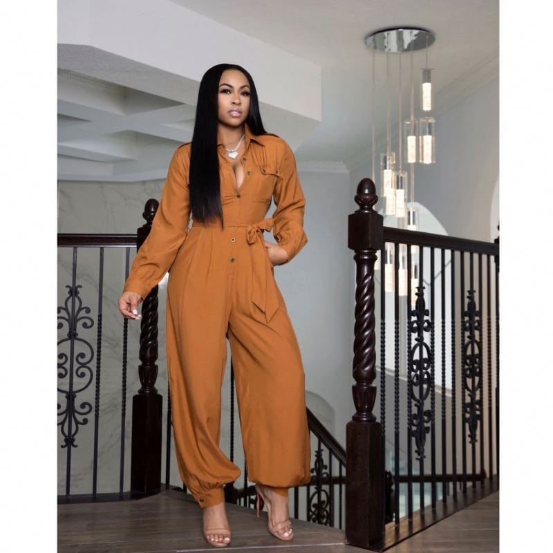 OCS  Fall 2022 Women Clothes Loose Tie High Waisted Jumpsuit Long Sleeve Olive Green Jumpsuit For Women With Buttons