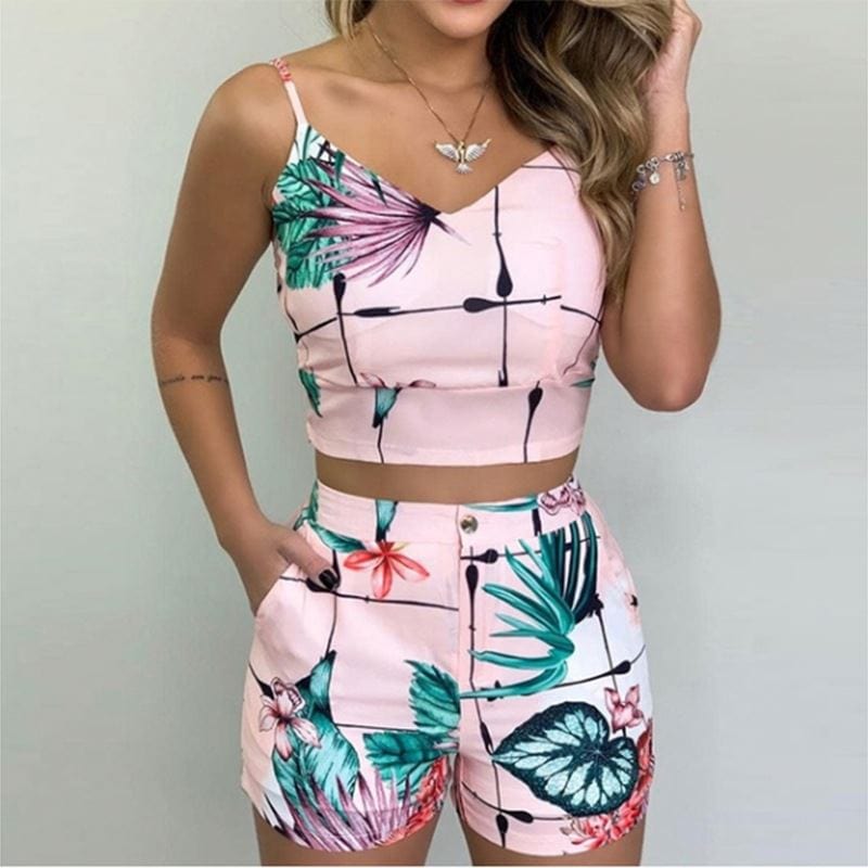 OCS Wholesale 2022 Summer Fashion Strap Top Two Piece Shorts Sets Youth Women's Clothing