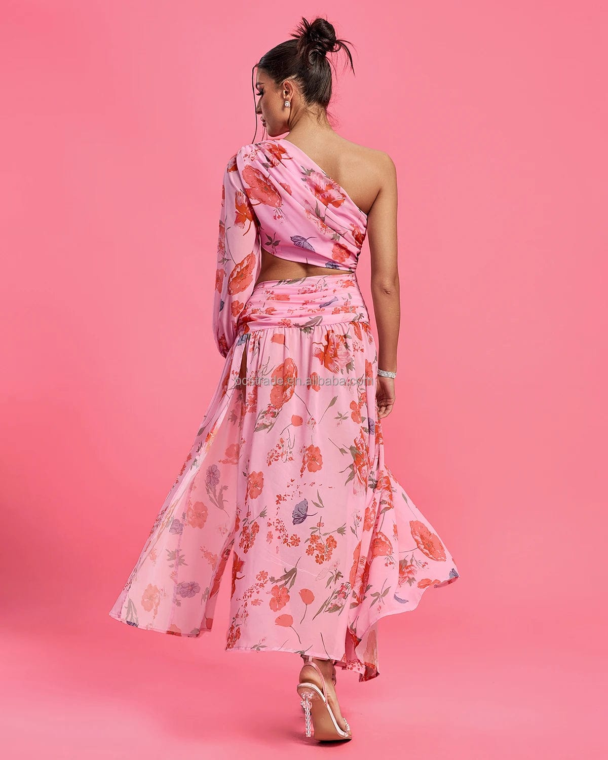 Ocstrade 2024 Hot Selling Product Women Chic Evening Dresses Elegant Loose One Sleeve Pink Maxi Floral Print Summer Casual Dress