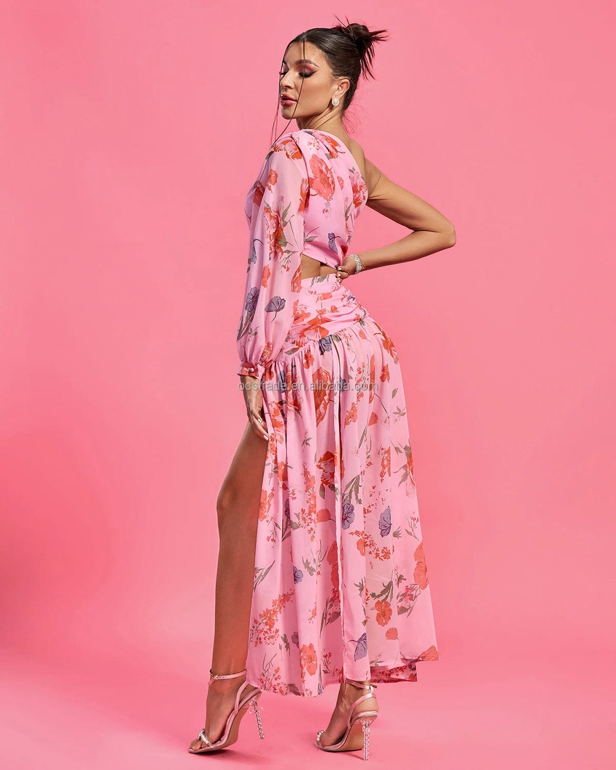 Ocstrade 2024 Hot Selling Product Women Chic Evening Dresses Elegant Loose One Sleeve Pink Maxi Floral Print Summer Casual Dress