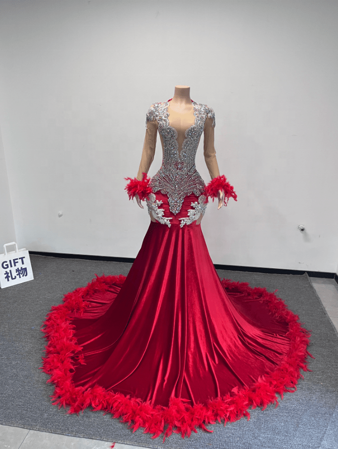 Ocstrade Custom Made Feather Sleeve Rhinestone Puffy Ball Gown Red Prom Dresses 2023 Elegant Vestido Evening Dresses Women Long